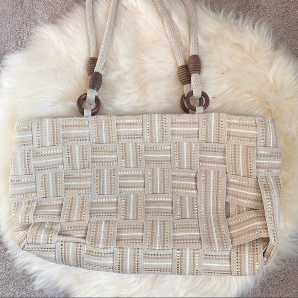 M&G Bertini Cross Woven Cream Neutral Shoulder Bag Italian Purse W/ Gold Sparkle - Picture 2 of 6